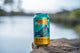 India Pale Ale can on rocks by a lake